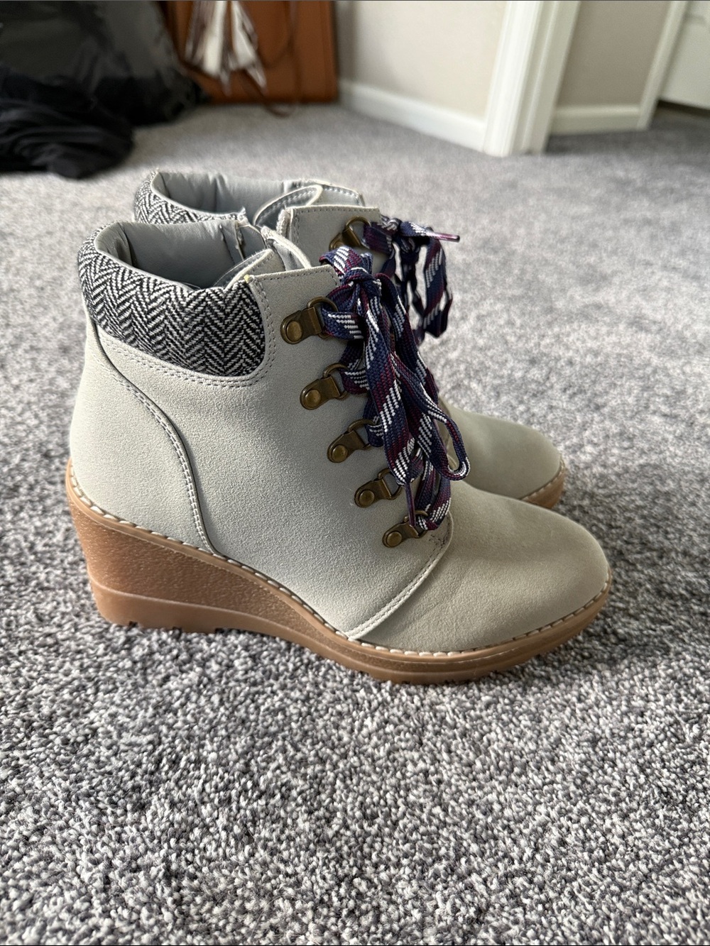 Maurices Light Gray Wedge Ankle Boots with Tan Wedge